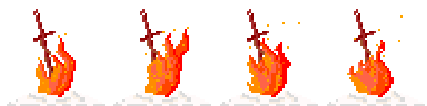 A sprite sheet of a DarkSoul bonfire, with a sword planted in the middle and some flames, there are 4 sprites.